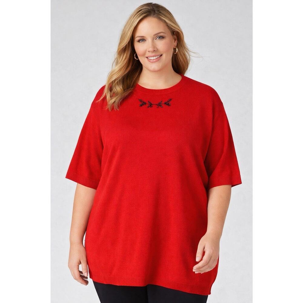 Westbound Red Knit Sweater Top 3X Plus Size Short Sleeve Embroidered Detail NWT - Picture 1 of 10